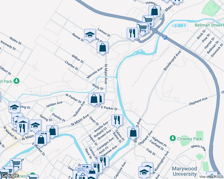 map of restaurants, bars, coffee shops, grocery stores, and more near 12 Alpha Street in Scranton