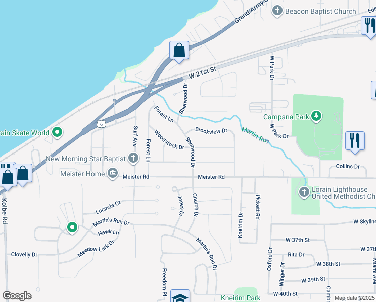 map of restaurants, bars, coffee shops, grocery stores, and more near 4011 Woodstock Drive in Lorain