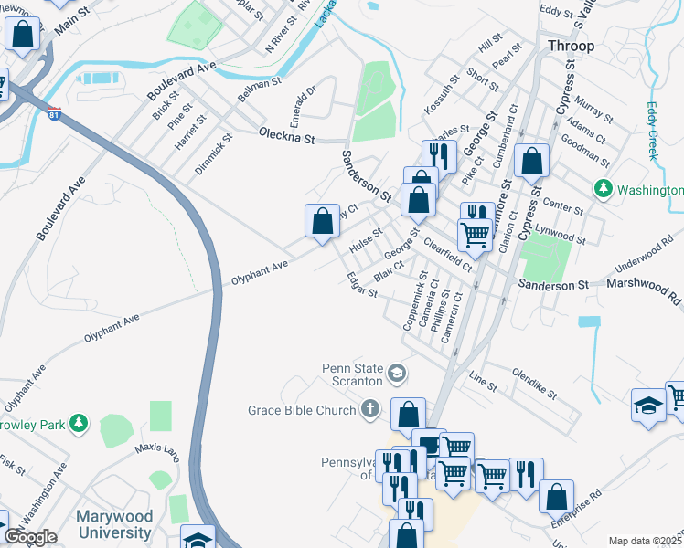 map of restaurants, bars, coffee shops, grocery stores, and more near 528 Edgar St in Throop