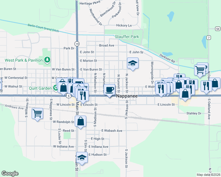map of restaurants, bars, coffee shops, grocery stores, and more near 451 East Walnut Street in Nappanee