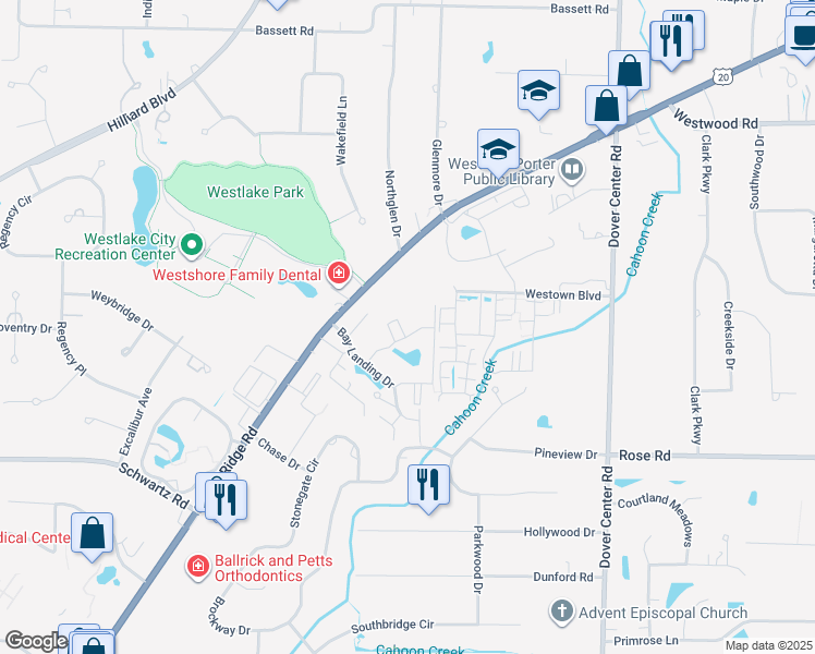 map of restaurants, bars, coffee shops, grocery stores, and more near 2880 North Bay Drive in Westlake