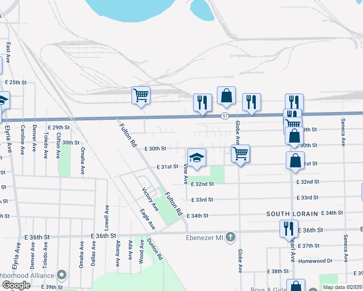 map of restaurants, bars, coffee shops, grocery stores, and more near 1561 East 30th Street in Lorain