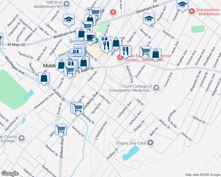 map of restaurants, bars, coffee shops, grocery stores, and more near 16 Grant Street in Middletown