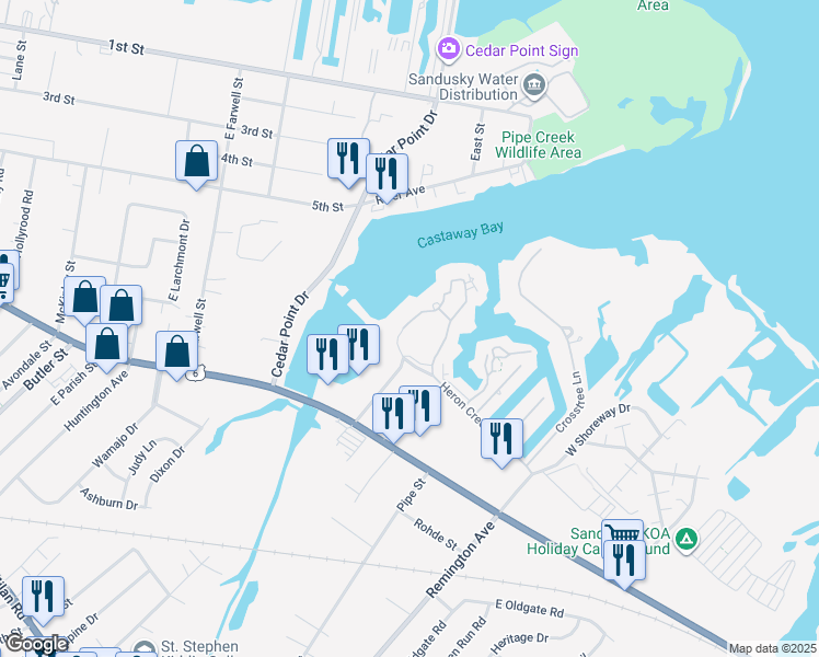 map of restaurants, bars, coffee shops, grocery stores, and more near 194 Marina Point Drive in Sandusky