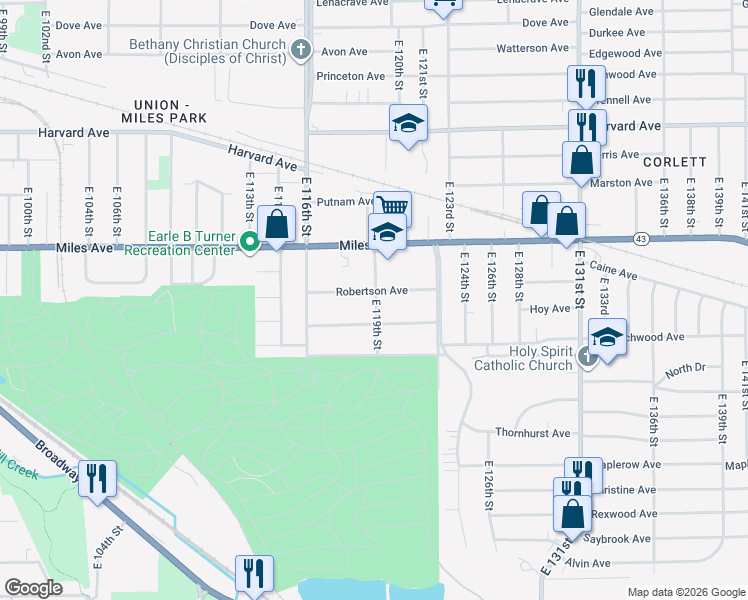 map of restaurants, bars, coffee shops, grocery stores, and more near 4260 E 119th St in Cleveland