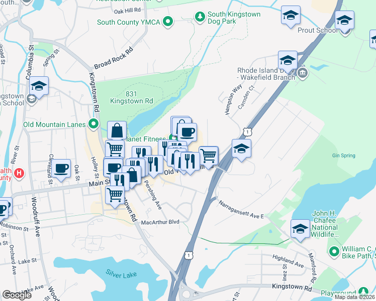 map of restaurants, bars, coffee shops, grocery stores, and more near 160 Old Tower Hill Road in South Kingstown