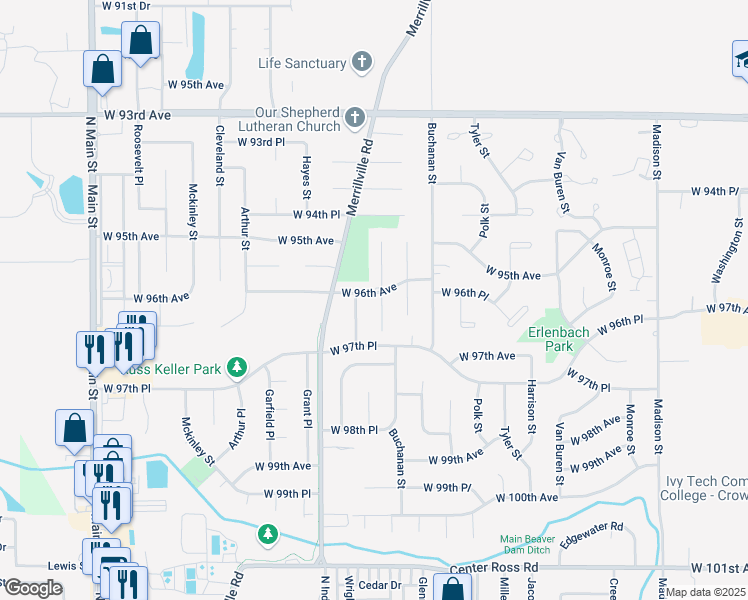 map of restaurants, bars, coffee shops, grocery stores, and more near 9600 johnson Street in Crown Point