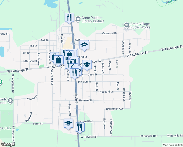 map of restaurants, bars, coffee shops, grocery stores, and more near 1381 Elizabeth Street in Crete