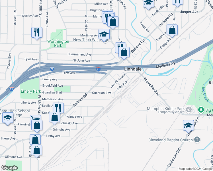 map of restaurants, bars, coffee shops, grocery stores, and more near 11714 Brookfield Avenue in Cleveland