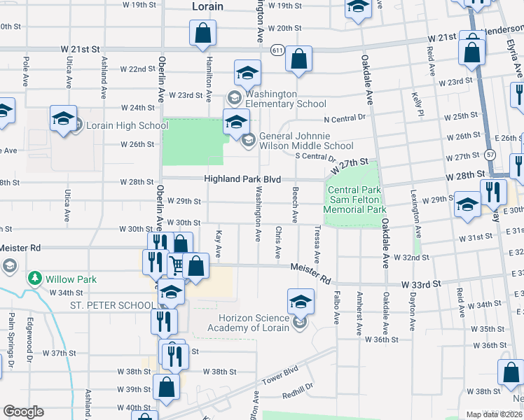 map of restaurants, bars, coffee shops, grocery stores, and more near 939 West 29th Street in Lorain