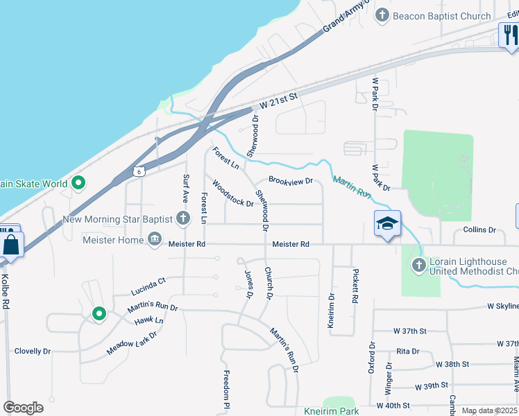map of restaurants, bars, coffee shops, grocery stores, and more near 4011 Woodstock Drive in Lorain