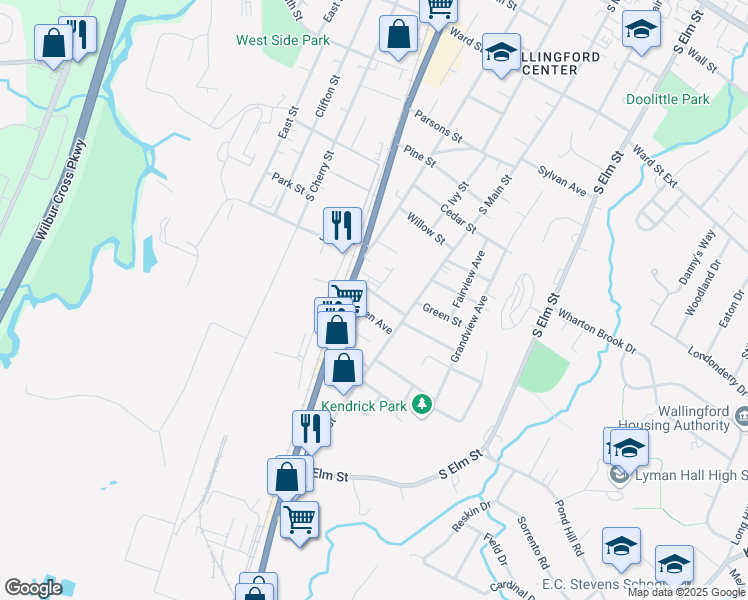 map of restaurants, bars, coffee shops, grocery stores, and more near 7 Allen Avenue in Wallingford