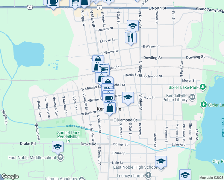 map of restaurants, bars, coffee shops, grocery stores, and more near 112 South State Street in Kendallville
