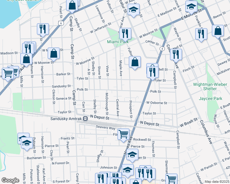 map of restaurants, bars, coffee shops, grocery stores, and more near 1401 Central Avenue in Sandusky