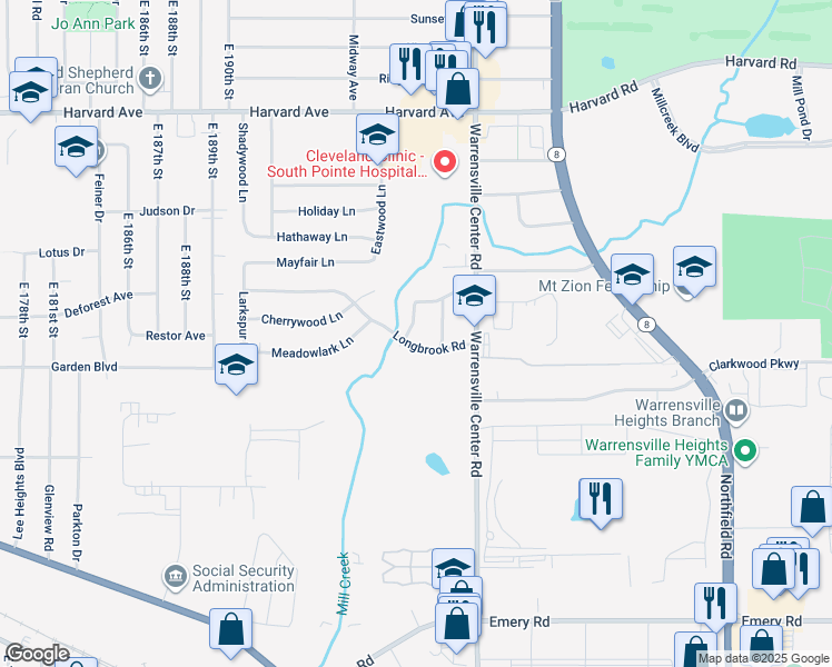 map of restaurants, bars, coffee shops, grocery stores, and more near 4273 Cricket Lane in Warrensville Heights