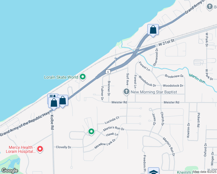 map of restaurants, bars, coffee shops, grocery stores, and more near 2900 Brenner Drive in Lorain