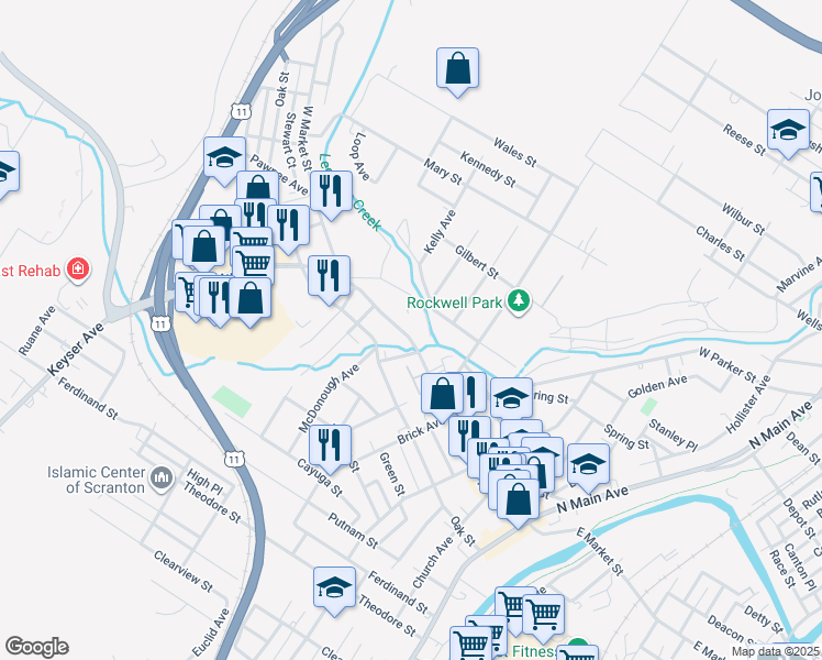 map of restaurants, bars, coffee shops, grocery stores, and more near 514 West Market Street in Scranton