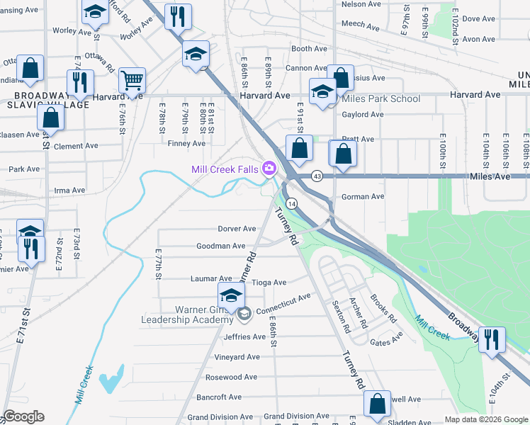 map of restaurants, bars, coffee shops, grocery stores, and more near 4268 Warner Road in Cleveland