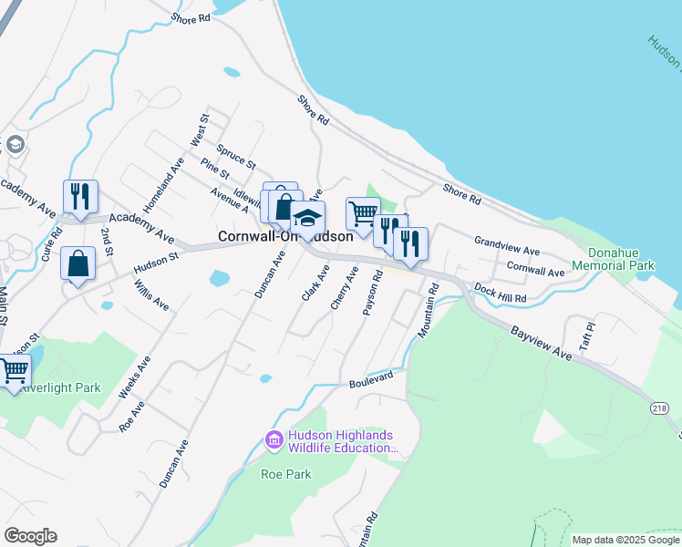 map of restaurants, bars, coffee shops, grocery stores, and more near 12 Cherry Avenue in Cornwall-on-Hudson