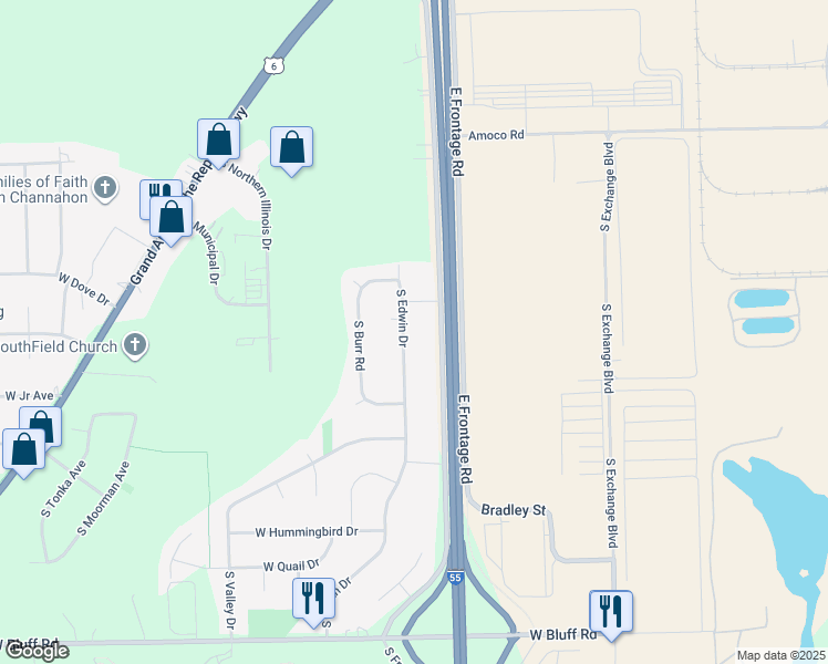 map of restaurants, bars, coffee shops, grocery stores, and more near 24205 South Edwin Drive in Channahon
