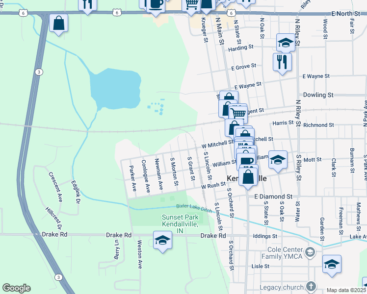 map of restaurants, bars, coffee shops, grocery stores, and more near 103 North Grant Street in Kendallville