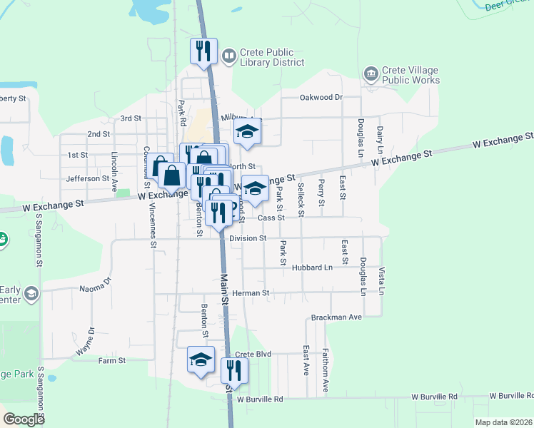 map of restaurants, bars, coffee shops, grocery stores, and more near 1381 Elizabeth Street in Crete