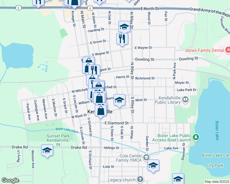 map of restaurants, bars, coffee shops, grocery stores, and more near 114 S Oak St in Kendallville