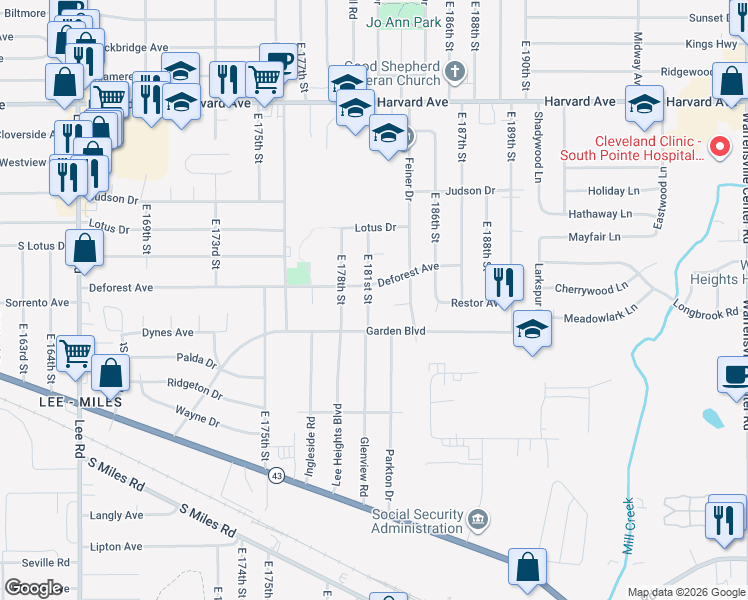 map of restaurants, bars, coffee shops, grocery stores, and more near 4229 East 181st Street in Cleveland