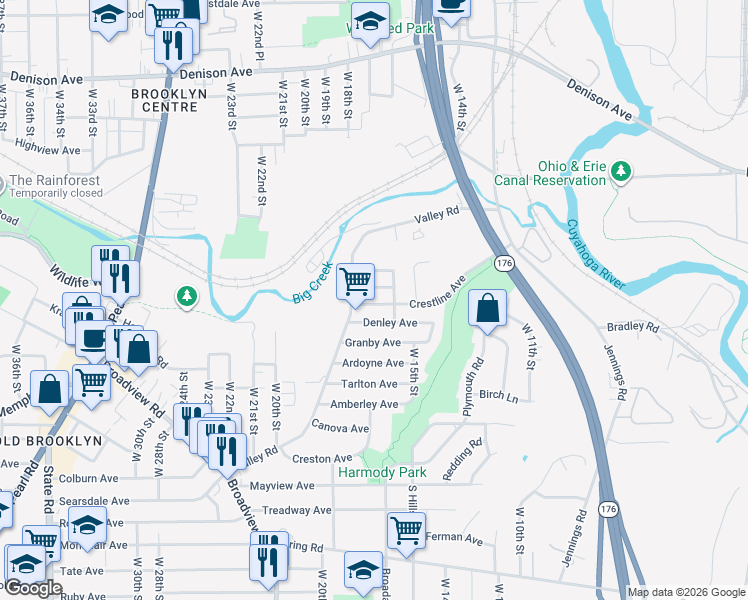 map of restaurants, bars, coffee shops, grocery stores, and more near 1628 Crestline Avenue in Cleveland