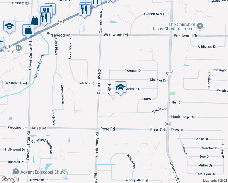 map of restaurants, bars, coffee shops, grocery stores, and more near 25900 Melibee Drive in Westlake