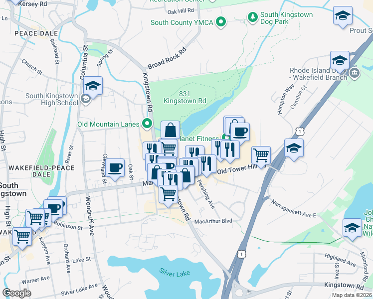 map of restaurants, bars, coffee shops, grocery stores, and more near 681 Kingstown Road in South Kingstown