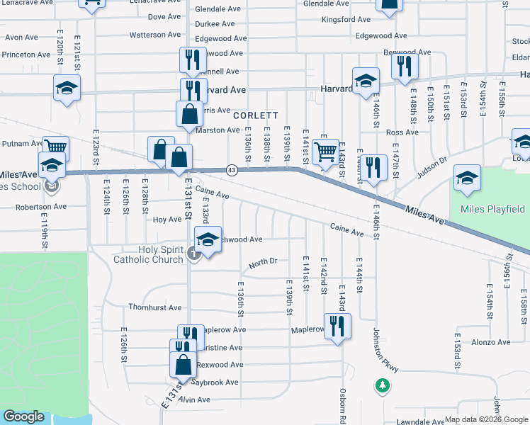map of restaurants, bars, coffee shops, grocery stores, and more near 13710 Caine Avenue in Cleveland
