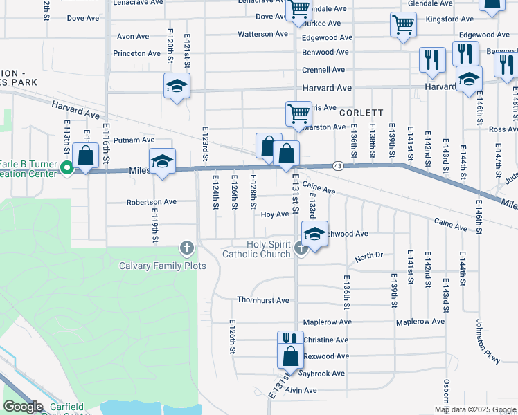 map of restaurants, bars, coffee shops, grocery stores, and more near 4266 East 128th Street in Cleveland