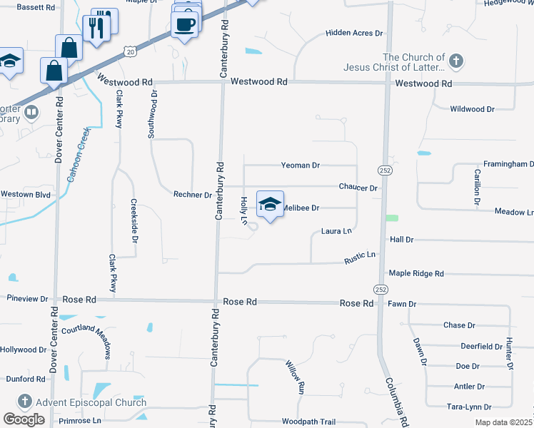 map of restaurants, bars, coffee shops, grocery stores, and more near 25900 Melibee Drive in Westlake