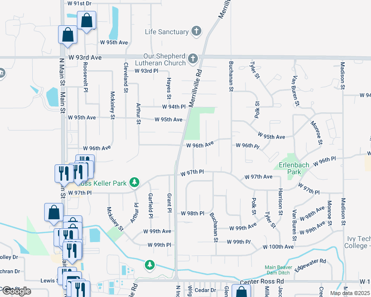 map of restaurants, bars, coffee shops, grocery stores, and more near in Crown Point