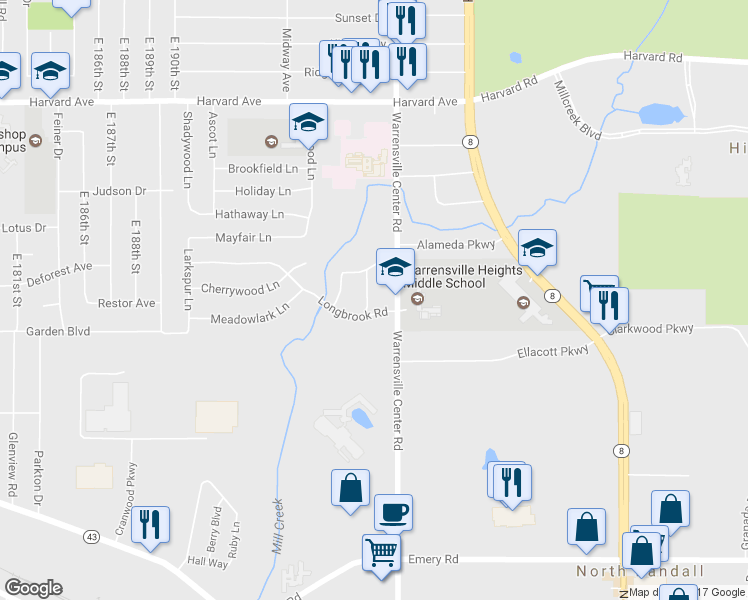 map of restaurants, bars, coffee shops, grocery stores, and more near 4275 Hickory Lane in Warrensville Heights