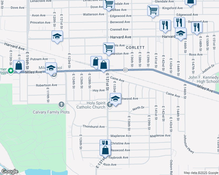 map of restaurants, bars, coffee shops, grocery stores, and more near 4263 East 131st Street in Cleveland