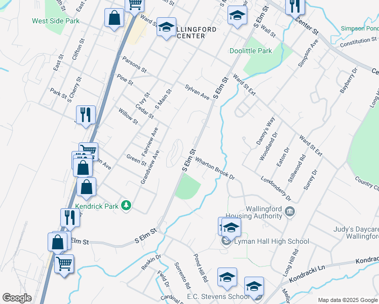 map of restaurants, bars, coffee shops, grocery stores, and more near 307 South Elm Street in Wallingford