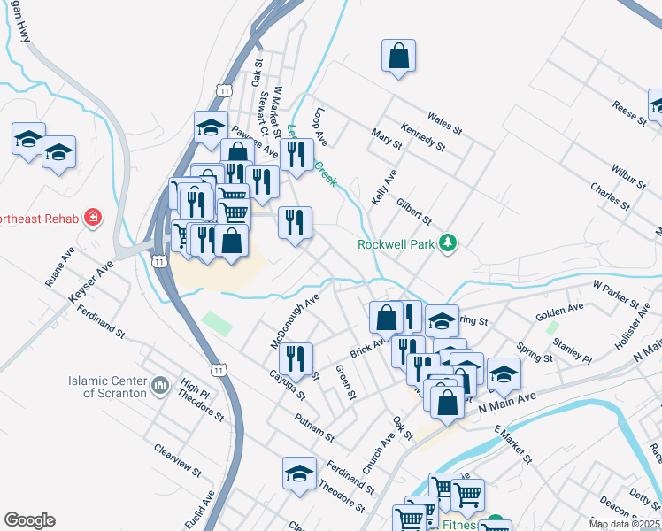 map of restaurants, bars, coffee shops, grocery stores, and more near 510 Oak Street in Scranton