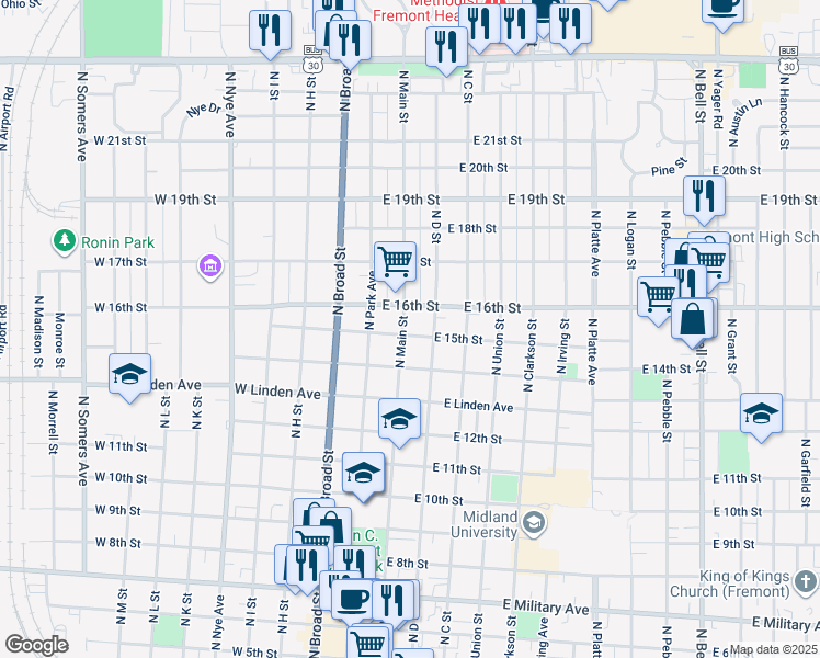 map of restaurants, bars, coffee shops, grocery stores, and more near 220 East 15th Street in Fremont