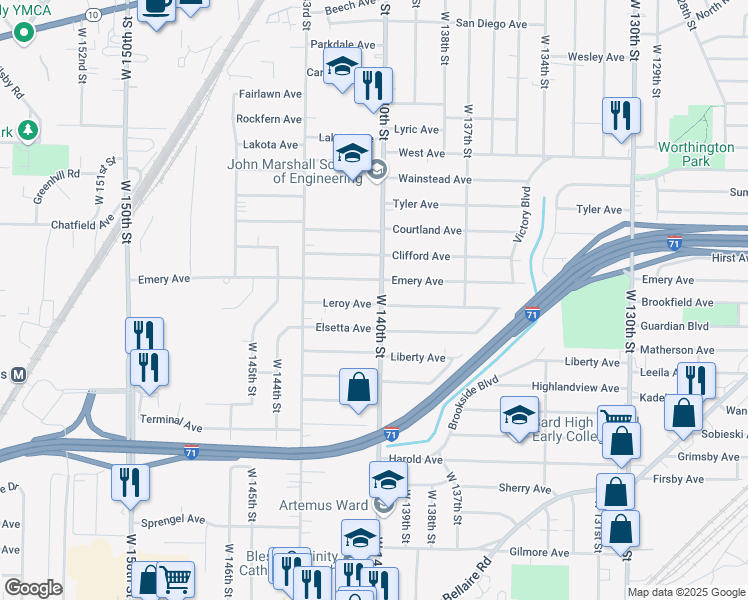 map of restaurants, bars, coffee shops, grocery stores, and more near 4070 West 140th Street in Cleveland