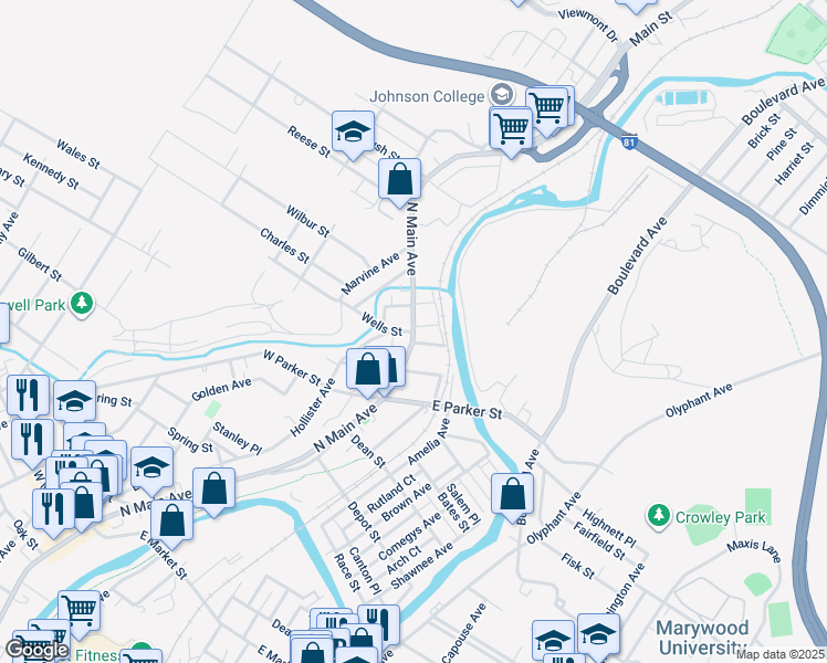 map of restaurants, bars, coffee shops, grocery stores, and more near 101 Wells Street in Scranton