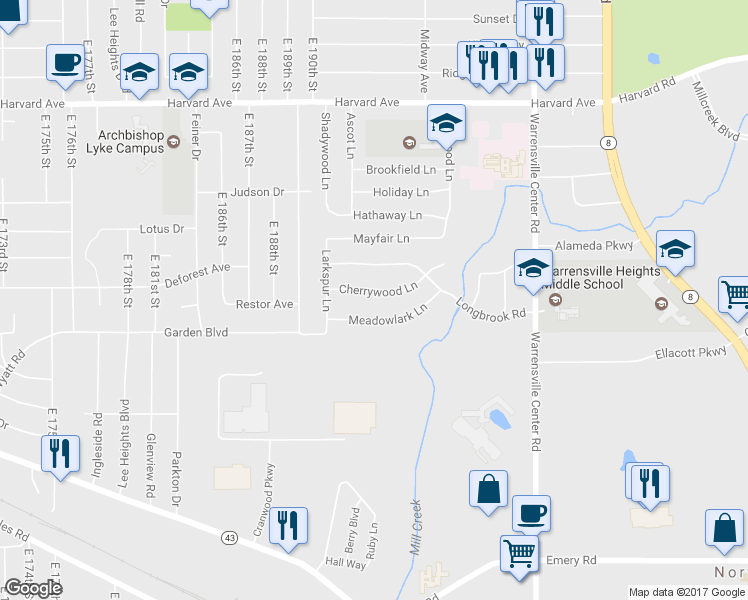 map of restaurants, bars, coffee shops, grocery stores, and more near 19400 Cherrywood Lane in Warrensville Heights