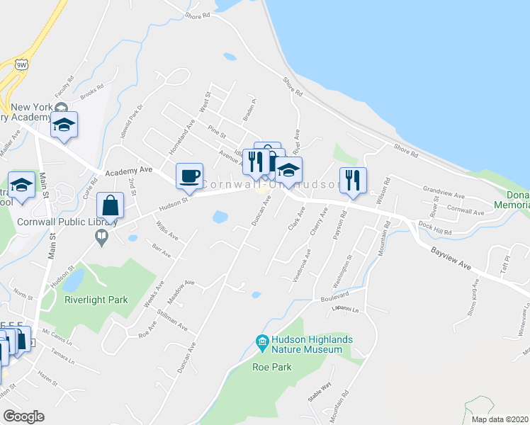 map of restaurants, bars, coffee shops, grocery stores, and more near 25 Duncan Avenue in Cornwall-on-Hudson