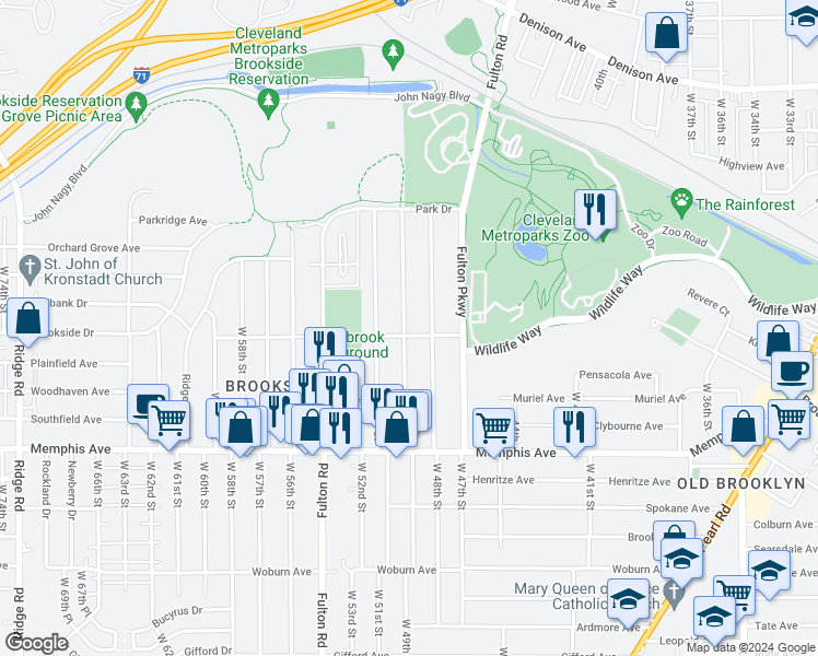 map of restaurants, bars, coffee shops, grocery stores, and more near 4153 West 49th Street in Cleveland