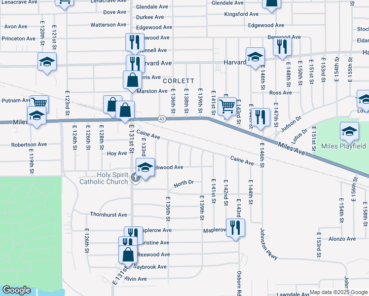 map of restaurants, bars, coffee shops, grocery stores, and more near 13710 Caine Avenue in Cleveland