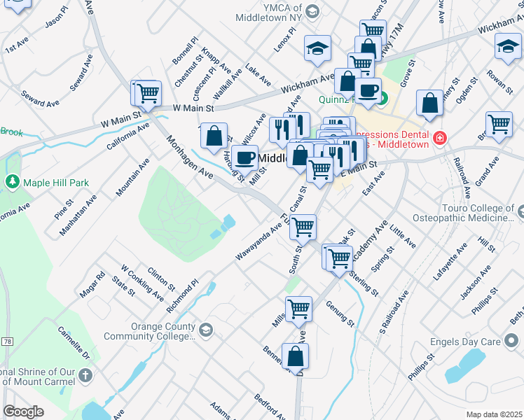 map of restaurants, bars, coffee shops, grocery stores, and more near 40 Mulberry Street in Middletown