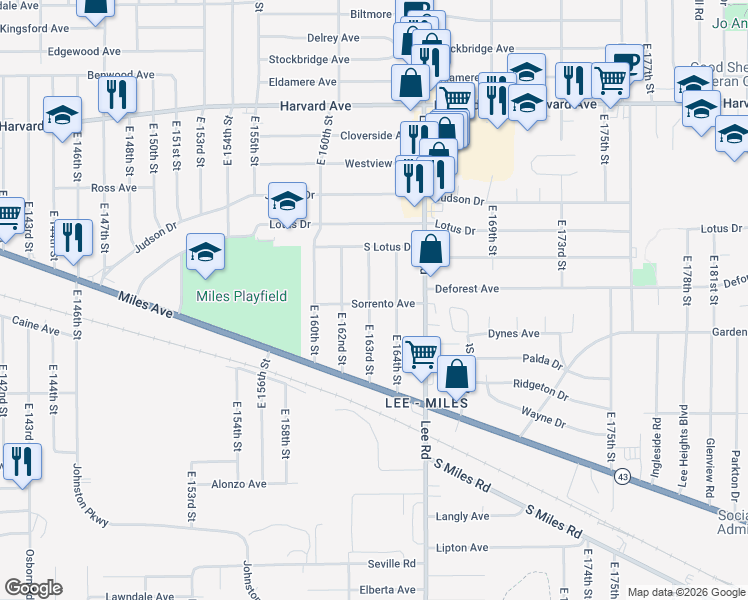 map of restaurants, bars, coffee shops, grocery stores, and more near 4265 East 163rd Street in Cleveland