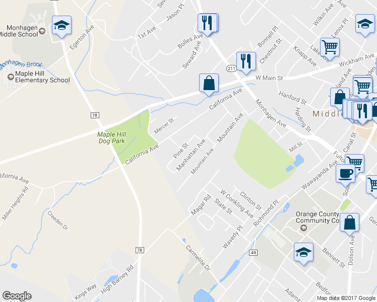 map of restaurants, bars, coffee shops, grocery stores, and more near 15-17 Manhattan Avenue in Middletown