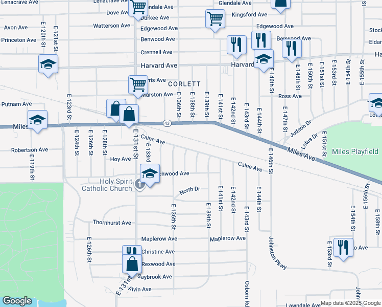map of restaurants, bars, coffee shops, grocery stores, and more near 13710 Caine Avenue in Cleveland